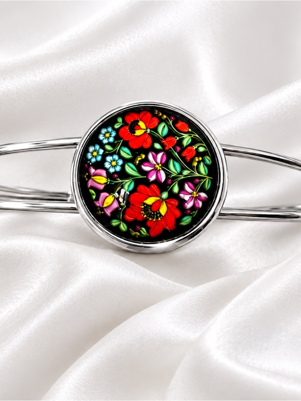 Handmade Floral Art Glass Silver Tone Cuff Bracelet One of a Kind